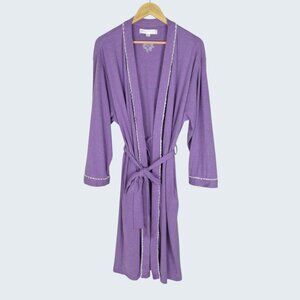 EILEEN WEST COTTON PURPLE ROBE LACE TRIM BELTED POCKETS